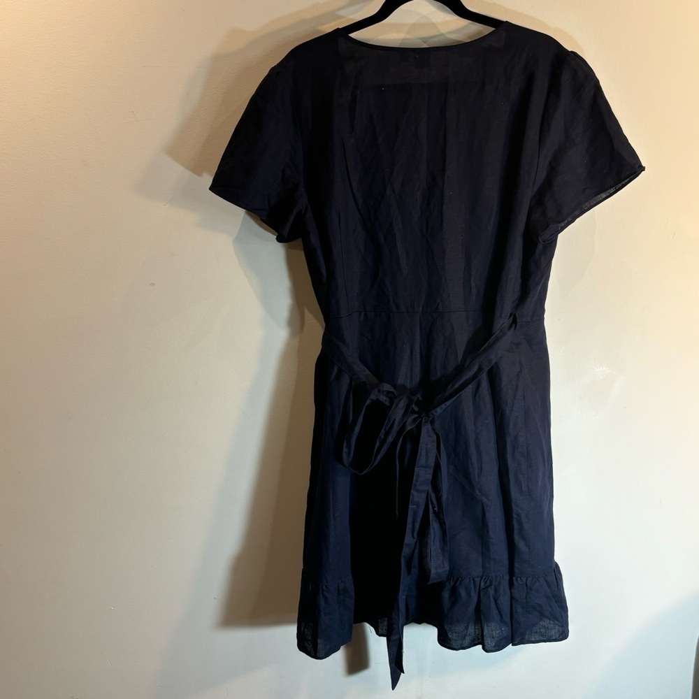GAP Sz XL Mini Wrap Dress Linen Blend Ruffle Hem Short Sleeve NEW WITH TAG Navy - Picture 7 of 9